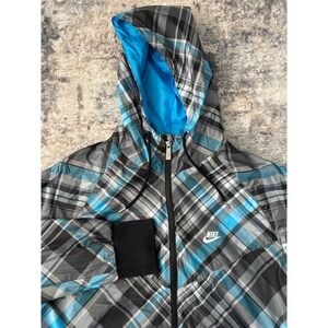 Nike Windbreaker Jacket Plaid Blue‎ Gray Black Full Zip Hooded Athletic Size L